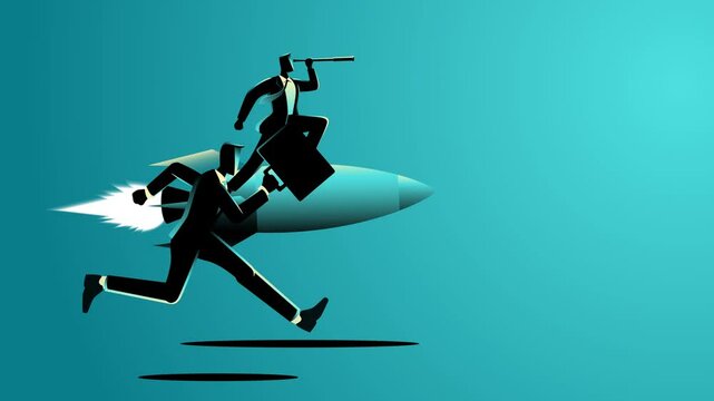 Businessman running being overtaken by a competitor riding a rocket and using a telescope. Illustrating business competition, innovation, and ambition, race for success and forward-thinking strategies
