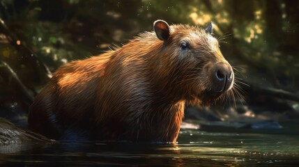 Capybara emerges from the river displaying its wet fur and alert expression