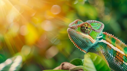 Fototapeta premium Close-up shot of a colorful chameleon basking in sunlight amidst lush green foliage, capturing the vibrant patterns and textures of its skin.