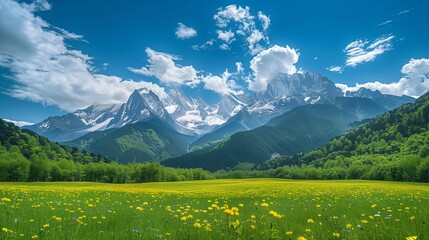 Summer Alpine Meadow Landscape with Flowers and Mountains in the Background, Ai generate