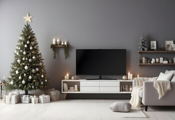 Blank black plasma TV screen in minimalist interior with Christmas tree. Creative mockup for Happy New Year advertisement board. Generative AI