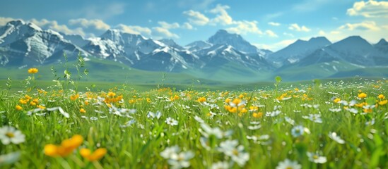 Scenic meadow with flowers and mountains in summer, Ai generate