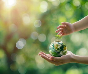 Hands holding a green globe symbolizing environmental care and global protection, Ai generate