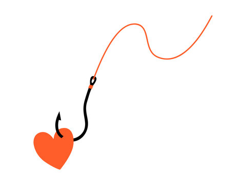 Hand drawn cute cartoon illustration of heart on hook with fishing line. Flat vector falling in love doodle. Abusive relationships. Find perfect match icon. Romantic codependent feelings. Isolated.