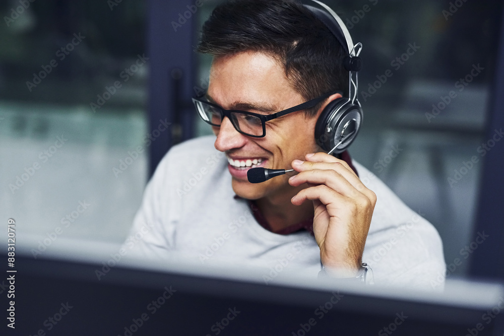 Canvas Prints Call center, man and talking with microphone for customer support with communication and happy agent. Telemarketing, operator and telecom advisory with headphones, contact us and assistance at night