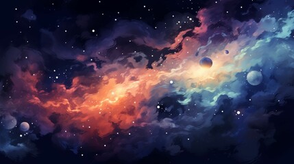 Cosmos flat design, side view, nebula theme, water color, Complementary Color Scheme