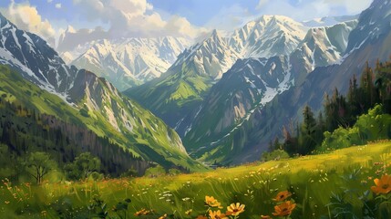 Summer view of an alpine meadow nestled in the mountains, showcasing a panoramic landscape with green grass, trees, and snowy peaks under a clear sky, Ai generate