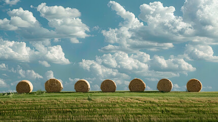 Drying hay balls in a line on a green field under a cloudy blue sky