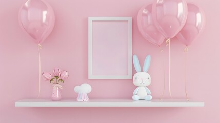Whimsical shelf with balloons and a picture frame, adorned with long rabbit ears in lovely pastel tones.