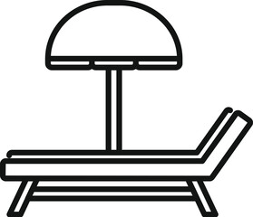 Simple black and white line icon of a beach lounge chair standing under a parasol