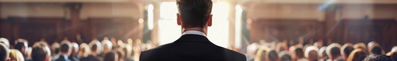 Obraz premium Eloquent Statesman in Black Suit Making a Pivotal Statement and Political Speech from Behind, Capturing the Essence of a Live Audience Address