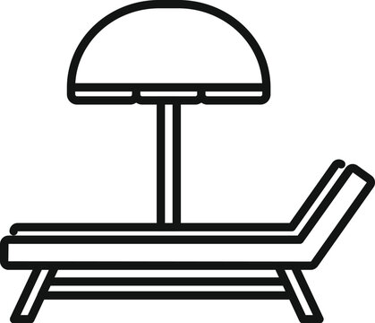 recommend clip art: Simple black and white line icon of a beach lounge chair standing under a parasol