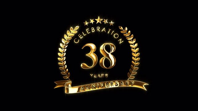 Luxurious 38th Anniversary Celebration. Golden 38 Years Anniversary Animation in Gold Color on the Transparent Background, Alpha Channel. Great for greetings, celebrations, events, and gifts.
