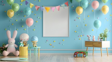 A room with a blue wall and a large empty frame
