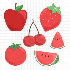set of red various fruits, cute hand drawn isolate object. vector, illustration design.