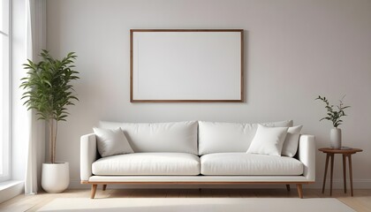 Fototapeta premium Frame mockup, ISO A paper size. Bedroom poster mockup. Modern interior design. Living room Interior mockup with house background. 3D render