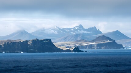 Panoramic view of the South Shetland Islands with dramatic volcanic features and icy landscapes