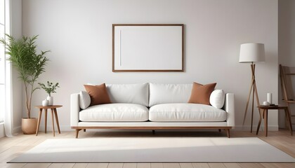 Fototapeta premium Frame mockup, ISO A paper size. Bedroom poster mockup. Modern interior design. Living room Interior mockup with house background. 3D render