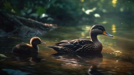 Obraz premium Mother Duck and Duckling Swimming in a Tranquil Pond Surrounded by Lush Greenery