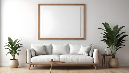 Fototapeta premium Frame mockup, ISO A paper size. Bedroom poster mockup. Modern interior design. Living room Interior mockup with house background. 3D render