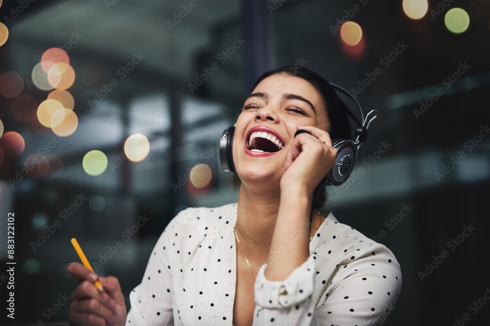 Poster night, happy and woman with headset in call center for customer service, consulting and joke to clie