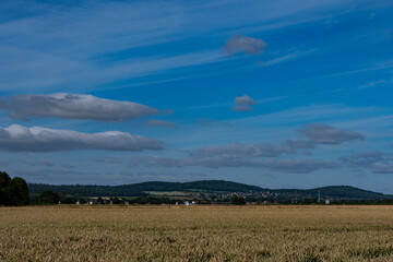 Unter einem Imposant blauem Himmel liegt ein Kornfeld im Vordergrund ,ein OT von Salzgitter in der...
