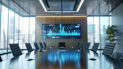 Modern conference interior animation and screens on the wall. The concept of workplace and enterprise. 