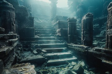 Submerged ancient ruins with stone steps and pillars in ethereal underwater light.