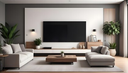 Fototapeta premium Big TV with blank screen ready for mock up in a living room—modern living room decor with a TV cabinet. 