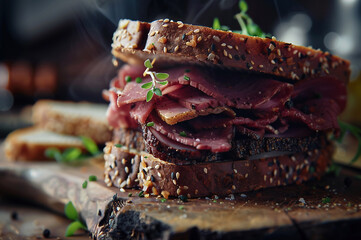 NewYork Pastrami on Rye sandwich, sliced pastrami on rye bread, served with mustard and Kosher dill pickles