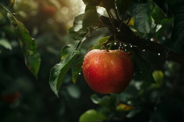 A ripe red apple with water droplets hanging on a tree branch.