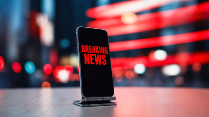 Breaking News text on smartphone screen on blurred city background. News report, real time journalism, online news alert, digital mass media concept