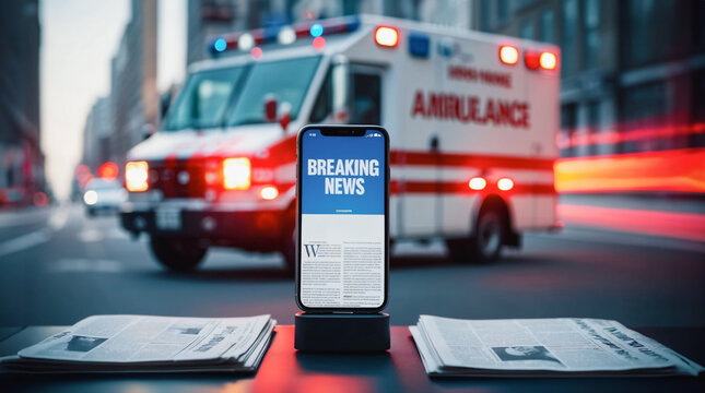 Breaking News text on smartphone screen with ambulance in the background. News report, real time journalism, online news alert, digital newspaper concept