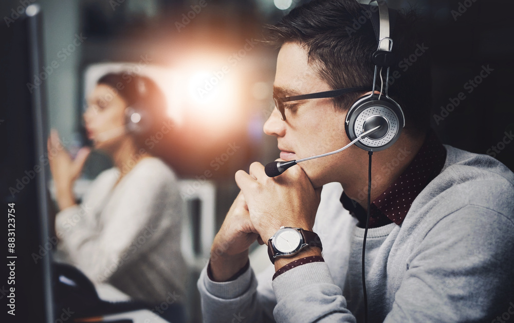 Aufkleber Call center, man and consultant with microphone for customer service with communication and FAQ support. Telemarketing, agent and telecom advisory with headphones, contact us and assistance at night