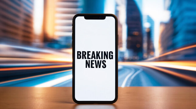 Breaking News text on smartphone screen on blurred city background. News report, real time journalism, online news alert, digital mass media concept
