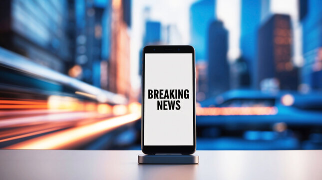 Breaking News text on smartphone screen on blurred city background. News report, real time journalism, online news alert, digital mass media concept