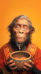 Old orangutan monk wearing a red robe is holding a bowl containing two peaches with his eyes closed, appearing peaceful and spiritual