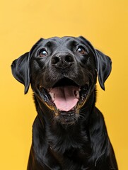 Fototapeta premium Happy dog on yellow background