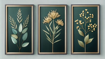 set of three vertical poster, minimalist gold sage flower, background wallpaper