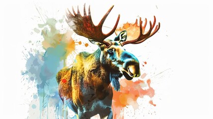 A striking illustration of a moose with large antlers, captured from a frontal view and surrounded by colorful splashes, ideal for nature and art enthusiasts.