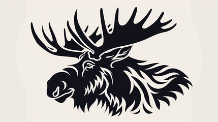A simplified, black and white moose head logo, featuring abstract lines and shapes that emphasize the animal's antlers and profile, ideal for branding purposes.