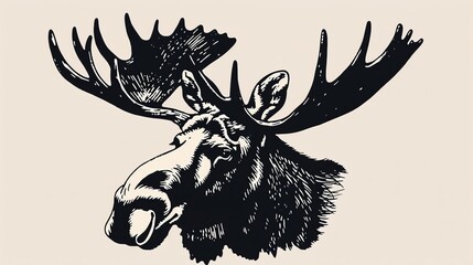 A detailed pen drawing of a moose head with prominent, intricately detailed antlers on a light background, emphasizing its majestic features and artistic style.