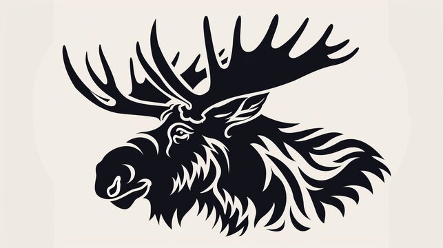 recommend clip art: A simplified, black and white moose head logo, featuring abstract lines and shapes that emphasize the animal's antlers and profile, ideal for branding purposes.
