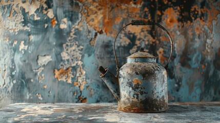 Close up of an old kettle on concrete surface with space for text
