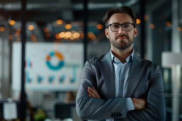 Fototapeta premium Confident Business Leader Forging Strategic Visions for Company Growth and Development Amidst a Professional Setting with Charts and Graphics.