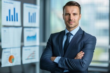 Fototapeta premium Confident Business Leader Forging Strategic Visions for Company Growth and Development Amidst a Professional Setting with Charts and Graphics.