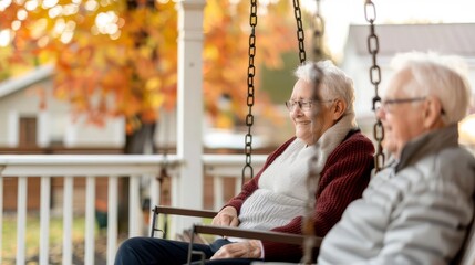 Elderly couple enjoys a peaceful autumn afternoon on their porch swing, surrounded by colorful fall foliage in a serene outdoor setting.