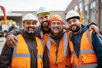 Portrait of construction worker wearing helmet and vest with team at construction site