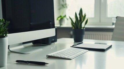 A minimalist workspace with a computer, notepad, and pen High quality images