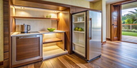 Fototapeta premium Refrigerator in deluxe hotel room, located under wooden counter near entrance door